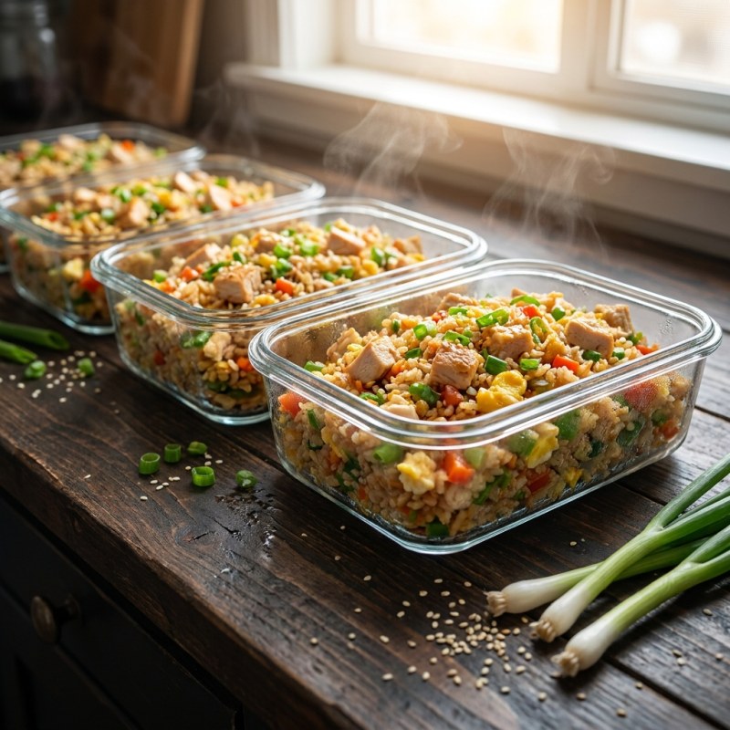 Rotisserie Chicken Fried Rice Meal Prep: 4 Portions in 15 Minutes